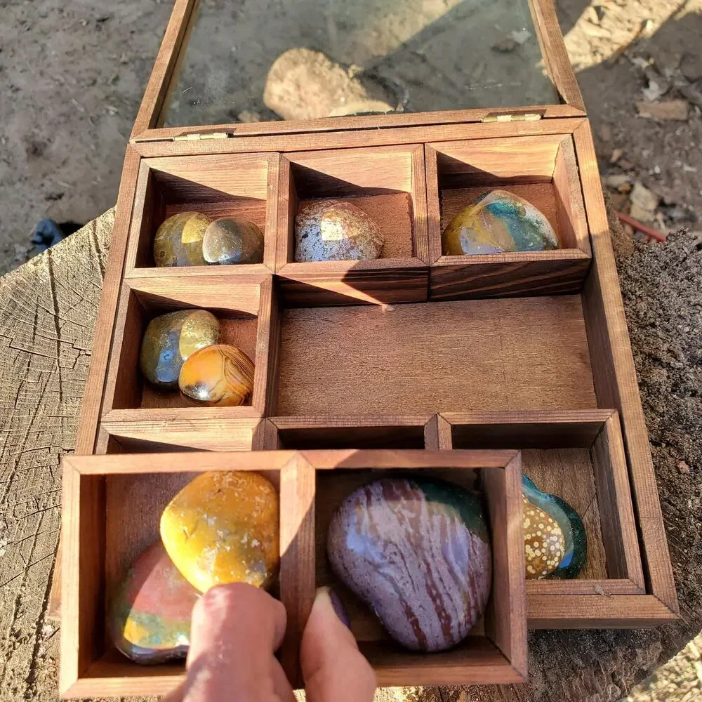 Bohemian Stained Pine Wood Glass Top Crystal Storage Organizing Box with Remova